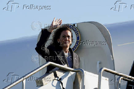 Democratic presidential nominee and U.S. Vice President Harris boards Air Force Two upon her departure from San Francisco, California