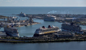 Cruise ships are shown in an aerial view in Port Canaveral in Cape Canaveral,