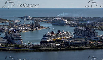 Cruise ships are shown in an aerial view in Port Canaveral in Cape Canaveral,