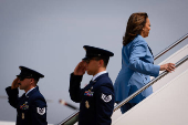 U.S. Democratic presidential nominee Kamala Harris walks to board Air Force Two at Joint Base Andrews in Maryland