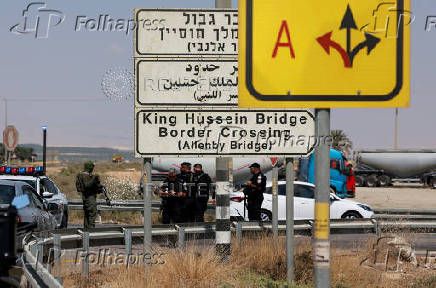 Israeli police patrol the area near Allenby Bridge Crossing between the West Bank and Jordan following a shooting incident at the crossing in the Israeli-occupied West Bank