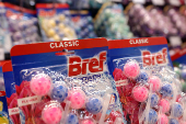 Bref products are displayed on a shelf in a supermarket