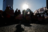 Labour union workers from the Korean Confederation of Trade Unions (KCTU) rally, in Seoul