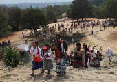 Members of Indigenous communities participate in a rain petition ritual with songs and offerings, in the archaeological site of Cuicuilco