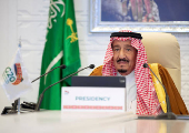 Saudi King Salman bin Abdulaziz gives virtual speech during an opening session of the 15th annual G20 Leaders' Summit in Riyadh