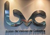 The logo of the Colombian Stock Exchange is pictured inside its building in Bogota