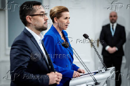 Denmark's Prime Minister Mette Frederiksen and the Chairman of Naalakkersuisut, Mute B. Egede attend a press conference in Copenhagen