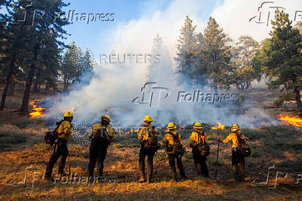 Cal Fire firefighters tackle the Bridge Fire threatening mountain communities, in Wrightwood