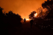 Wildfire burns next to the village of Kallithea, near Corinth