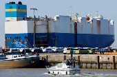 Cars of the Volkswagen Group are waiting to be exported to the US from the seaport of Emden