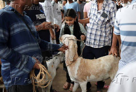 A girl plays with a goat after purchase, inside a livestock market ahead of the Eid al-Adha festival in Kolkata