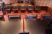 A view of the defense table inside a federal courtroom similar to the room where the  trial of Sean (P. Diddy) Combs is being held in Federal District court in Manhattan