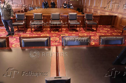 A view of the defense table inside a federal courtroom similar to the room where the  trial of Sean (P. Diddy) Combs is being held in Federal District court in Manhattan