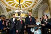 Senate leaders hold a press conference following their weekly policy lunches lunch on Capitol Hill in Washington, D.C.