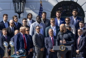 US President Donald Trump greets the 2025 Super Bowl champion Philadelphia Eagles