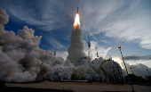 A United Launch Alliance Atlas V rocket is shown on its launch pad carrying Amazon's Project Kuiper internet network satellites as the vehicle is prepared for launch