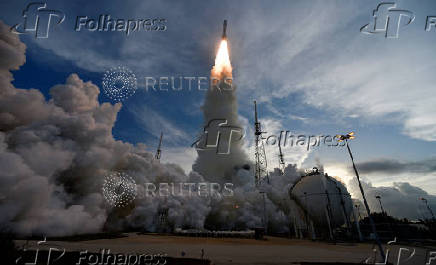 A United Launch Alliance Atlas V rocket is shown on its launch pad carrying Amazon's Project Kuiper internet network satellites as the vehicle is prepared for launch