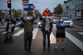 Protesters gather around the Los Angeles Federal Building after multiple detentions by ICE, in Los Angeles