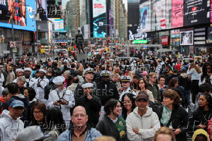U.S. Navy sailors are seen in Times Square during Fleet Week 2025