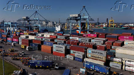 A drone view of shipping containers at Dublin Port, in Dublin
