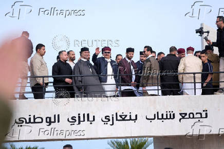Libyan military commander Khalifa Haftar attends a public gathering to celebrate Eid al-Fitr in Benghazi