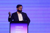 Chilean President Gabriel Boric delivers a speech at the annual CESCO Week 2025 dinner