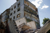 A view shows the apartment building damaged by Russian military strikes in the frontline town of Kostyantynivka