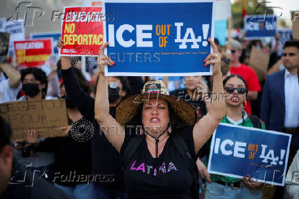 Protesters gather around the Los Angeles Federal Building after multiple detentions by ICE, in Los Angeles