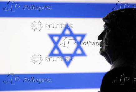 Illustration shows 3D printed miniature model of U.S. President Donald Trump and Israel flag