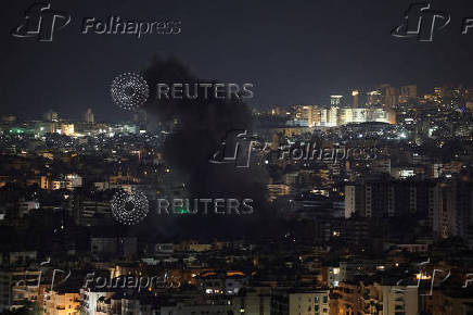 Israeli strike on Beirut's southern suburbs, after the Israeli military issued an evacuation warning for the area, as seen from Baabda