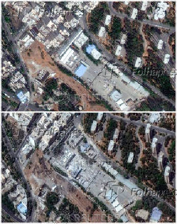 A combination picture shows buildings at the Shahid Rajaee University before and after being hit by airstrikes