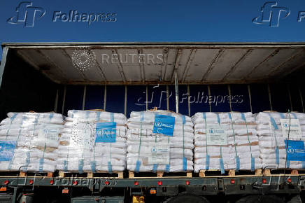 Supplies provided by the World Food Programme lies on a truck carrying aid at the Kerem Shalom crossing between Israel and Gaza, on the Israeli side of the Israel-Gaza border