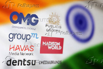Illustration shows an Indian flag and advertising companies' logos