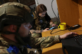 Police officers of the 'Khyzhak' Brigade operate a Vampire combat drone in a front line in Donetsk region
