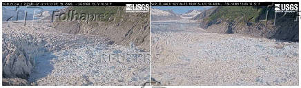A combination image shows the Suicide Basin before the glacial lake outburst flooding from the Mendenhall Glacier, July 22, 2025, (L) and during the glacial lake outburst flooding at the same location, August 12, 2025, (R) in Juneau