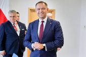 Poland's conservative presidential candidate Karol Nawrocki, arrives ahead of a meeting with Homeland Security Secretary Kristi Noem in in Rzeszow
