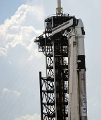 A Falcon 9 rocket stands at the pad before its upcoming launch of the Axiom-4 crewed mission to the International Space Station