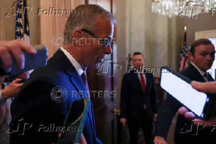U.S. Senate Majority Leader Thune speaks with reporters at the U.S. Capitol in Washington