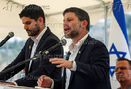 Israeli Finance Minister Smotrich speaks at a press conference regarding settlements expansion, near the Israeli settlement of Maale Adumim