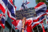 Royalist activists protest in front of the Royal Embassy of Cambodia, following a recent clash at the Thailand-Cambodia border on May 28, 2025, in Bangkok