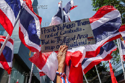 Royalist activists protest in front of the Royal Embassy of Cambodia, following a recent clash at the Thailand-Cambodia border on May 28, 2025, in Bangkok