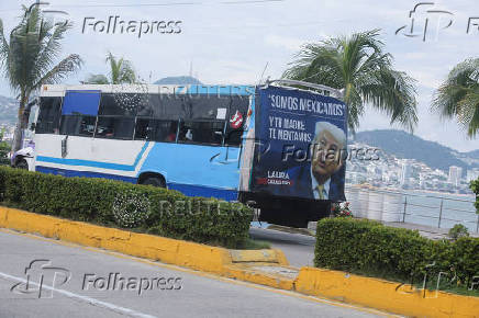 Bus displays anti-Trump message in protest of U.S. immigration policies, in Acapulco