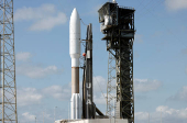 A United Launch Alliance Atlas V rocket is shown on its launch pad carrying Amazon's Project Kuiper internet network satellites as the vehicle is prepared for launch