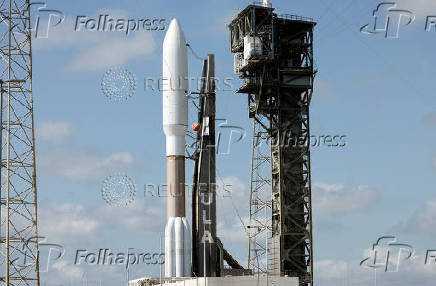 A United Launch Alliance Atlas V rocket is shown on its launch pad carrying Amazon's Project Kuiper internet network satellites as the vehicle is prepared for launch