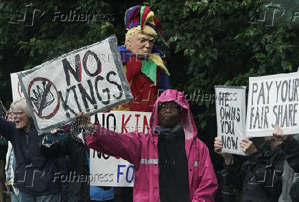 Demonstrators gather outside Trump National Golf Course ahead of President Trump?s meme coin gala in Sterling