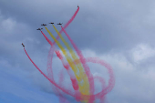 The Spanish Air Force aerobatic group Patrulla Aguila (Eagle Patrol) fly during training ahead of Armed Forces Day