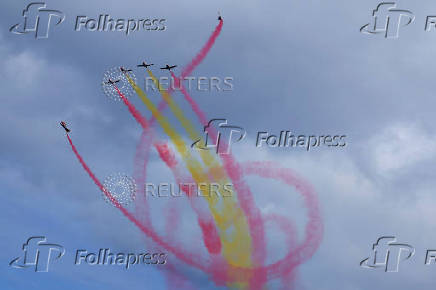 The Spanish Air Force aerobatic group Patrulla Aguila (Eagle Patrol) fly during training ahead of Armed Forces Day