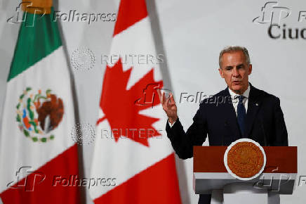 Mexican President Claudia Sheinbaum and Canadian PM Mark Carney hold a press conference, in Mexico City