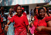 Partisans of PDCI (Democratic Party of Cote d'Ivoire) protest at their headquarters in Abidjan