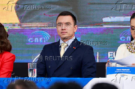 Ecuador's re-elected President Daniel Noboa receives the certificate of election winner during an event at the National Electoral Council, in Quito